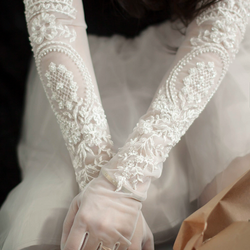 White Bridal Lace Gloves – Intricate Embroidered Long Wedding Gloves